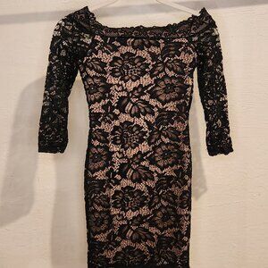 Black Lace Off-Shoulder Bodycon Dress – Size S – Nude Lined 3/4 Sleeve Mini
